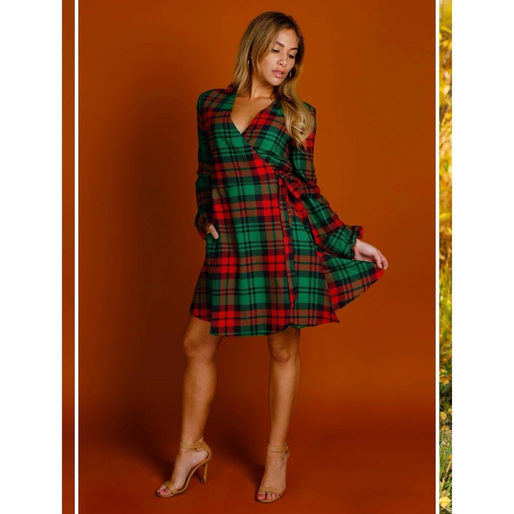 Shinesty Lincoln Log Love Lady Plaid Christmas Wrap Dress Holiday Elf Women's M